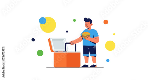 Man Preparing Delicious Burger For A Picnic Near A Bright Orange Cooler Illustration