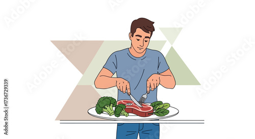 Man Preparing Diet, Slicing Steak And Vegetables On Plate, Healthy Eating Lifestyle Concept