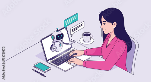 A young woman interacts with an intelligent chatbot on her laptop enhancing digital communication and customer service experiences