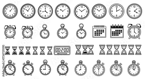Collection of Timekeeping Devices Featuring Analog and Digital Clocks and Hourglasses for Measuring Duration