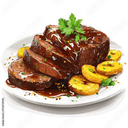 Beef Roast with Glazed Sauce and Fried Plantains