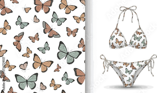Butterfly pattern background with a matching bikini set featuring butterfly print on a white backdrop