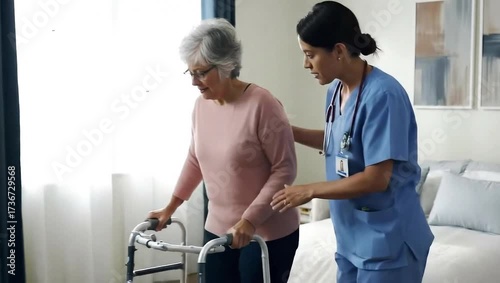 Nurse teaching senior woman to walk with walker