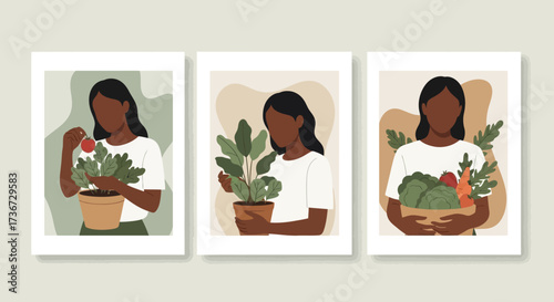 Abstract Artwork Depicting Women Engaged in Gardening and Harvesting Fresh Produce Symbolizing Nature and Nourishment