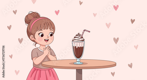Little Girl Eagerly Anticipating Delicious Chocolate Drink Served On A Table