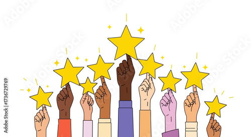 Diverse hands reaching up to hold and share golden stars representing achievement and recognition