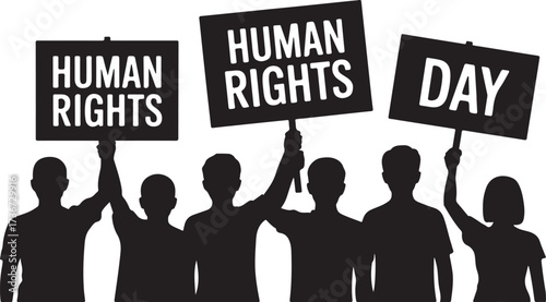 Silhouettes of people holding signs that say Human Rights Day protest demonstration