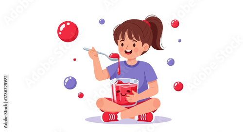 Little Girl Enjoying Strawberry Jelly Treats In A Delightful Vector Illustration