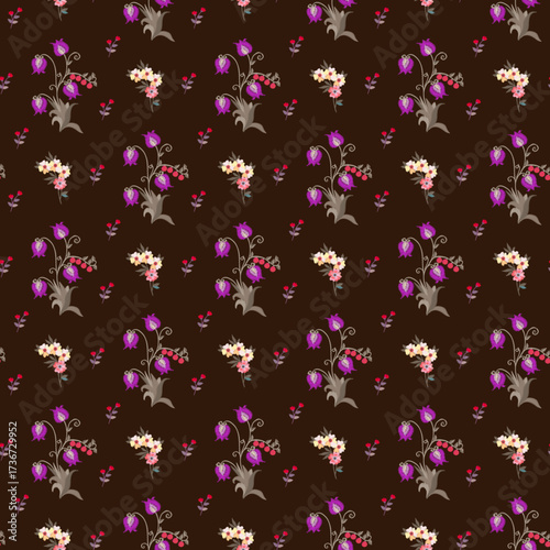 Elegant seamless pattern with embroidered flowers on a chocolate background in vector. Print for fabric.