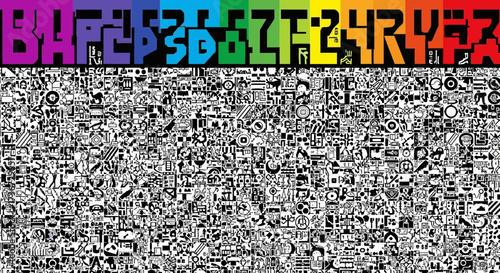 A visually stunning and intricate black and white mosaic filled with countless tiny pixel art illustrations and symbols