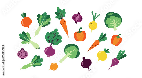 A Vibrant Collection of Fresh Produce Featuring a Variety of Colorful Root Vegetables Leafy Greens and Bell Peppers Arranged Artistically
