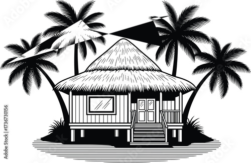 Tropical Hut Silhouette Vector – Thatched Roof Bungalow with Palm Trees and Stilts for Beach, Vacation, Nature, and Travel Design