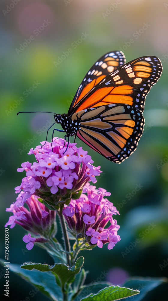 Fototapeta premium A vibrant orange butterfly with detailed black wings gently perches on a cluster of purple flowers in a sunny natural garden.