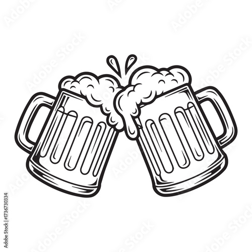 Beer mugs toasting silhouette Clinking Glasses vector design for celebration, party, cheers, pub, Oktoberfest and drink-themed decoration with Foam Illustration 