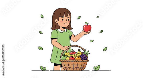 Little Girl Selecting a Fresh, Juicy Red Apple from a Basket of Assorted Fruits
