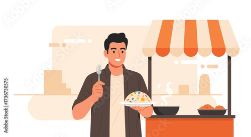 Man Presenting Plate Of Food From A Street Food Cart And Ready To Enjoy His Meal