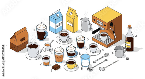 A delightful collection of assorted coffee beverages and brewing equipment presented in a charming isometric illustration