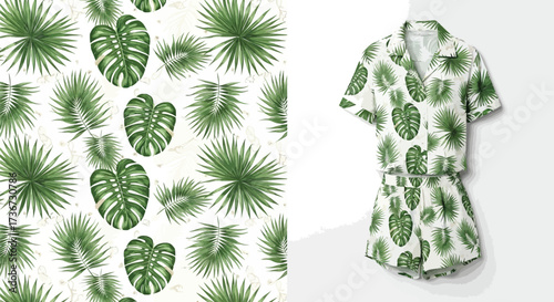 A tropical print pattern featuring monstera and palm leaves with a matching shirt and shorts set