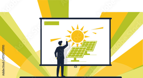 Man presenting solar energy on a screen showcasing renewable energy and sustainability