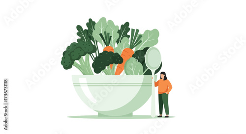 Healthy Eating and Delicious Vegetables A Woman Contemplating a Giant Bowl of Fresh Produce for a Nutritious Meal
