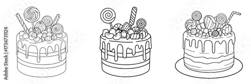 Line icon set of three layered cakes with cream, candies and decorations  