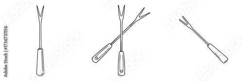 Fondue forks Line Icon Set - Simple Vector Outline in minimalistic black and white design