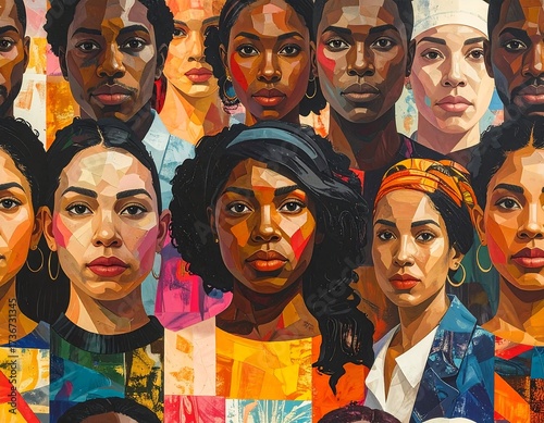 A vibrant mosaic of diverse female faces, showcasing strength and solidarity, in a bold, colorful artistic portraiture.