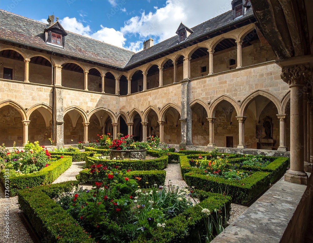 Fototapeta premium A serene cloister courtyard, filled with meticulously maintained flowerbeds and lush greenery, under a sunny sky, showcasing beautiful arched walkways and stonework.