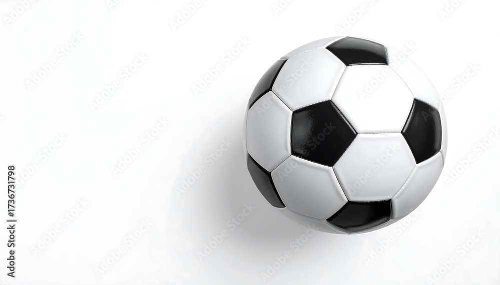 Fototapeta premium A soccer ball, pristine white and black, rests on a plain white background, its symmetrical design and smooth surface emphasized by the clean backdrop.