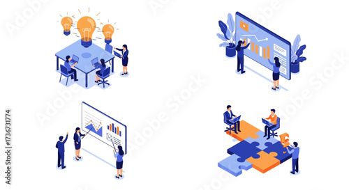 Business meeting brainstorming and strategy planning with teamwork and data analysis in isometric style