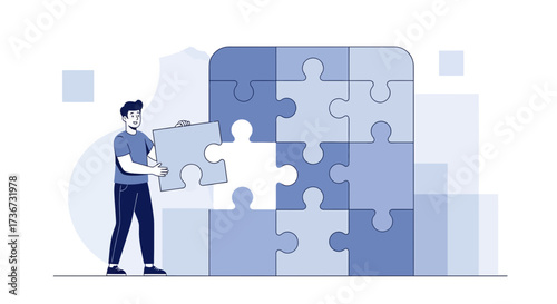 Man putting a puzzle piece together, teamwork, and collaboration illustration vector art
