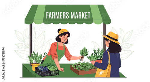Local Farmers Market Stall Displays Fresh Produce and Interacts with a Customer Scene