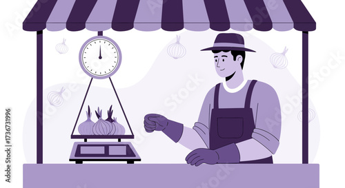 Local Vendor Weighs Harvested Onions At A Traditional Farmers Market Stall Scene