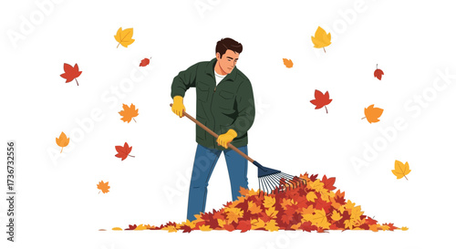 Man Raking Autumn Leaves: Illustration of Autumn Season and Yard Work Activities