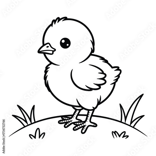 Adorable cartoon baby chick standing in grass