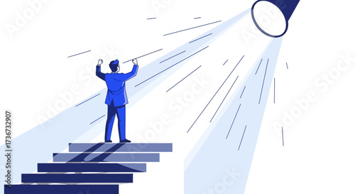 Man Reaching Success Under Spotlight, Symbolizing Achievement, Ambition and Triumph