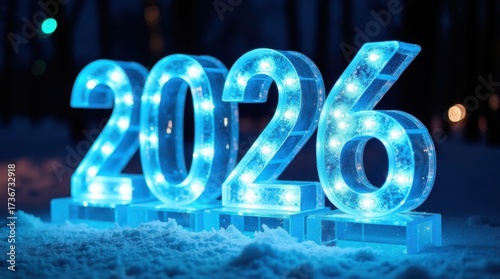 Glowing blue 2026 numbers illuminated with lights in winter snow