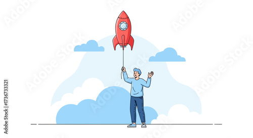Person Controls Rocket as Startup and Innovation Rise Above Cloudscape Concept