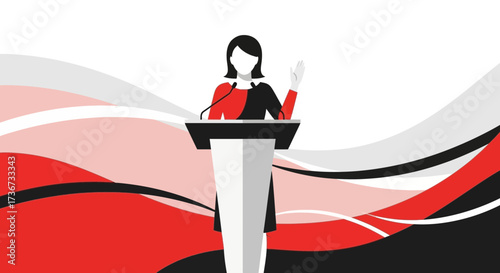 Person Delivering A Speech On A Podium With Abstract Red, Black, And White Background Design