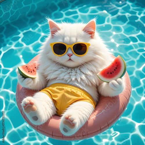 Adorable Cat Enjoying Summer Pool Vacation