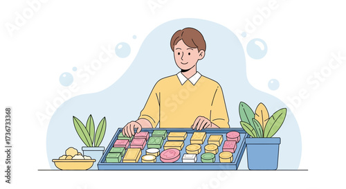 Person Displays A Variety Of Homemade Soaps, Artistic Display And Botanical Flourish