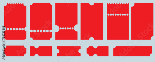 Assortment of red ticket stubs with perforated edges and rounded corners, isolated on a light grey background