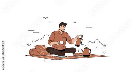Person Enjoying Beverage At Picnic With Tea Set And Serene Nature Elements
