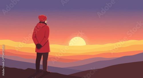 Person enjoying a scenic sunset view over mountains during the golden hour illustration