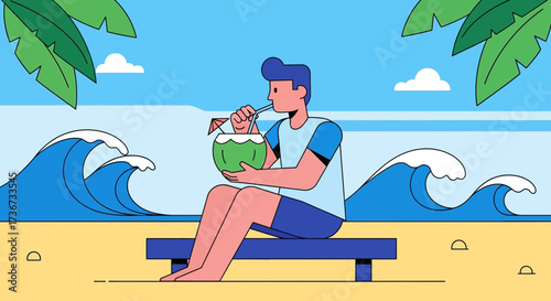 Person Enjoying Coconut Beverage At Beachfront With Blue Ocean, Waves, And Tropical Ambiance