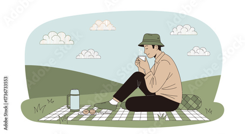 Person Enjoying Coffee And Picnic In Nature With Sunny Day And Happy Clouds