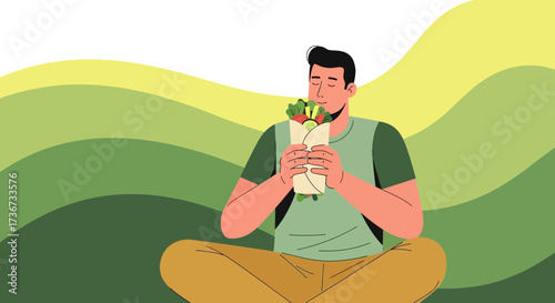 Person Enjoying Freshly Made Wrap While Sitting, Healthy Eating And Wellbeing Focused Image