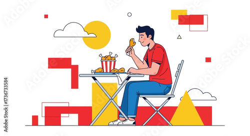 Person Enjoying Fried Chicken, Food Illustration, Geometric Design and Vibrant Colors