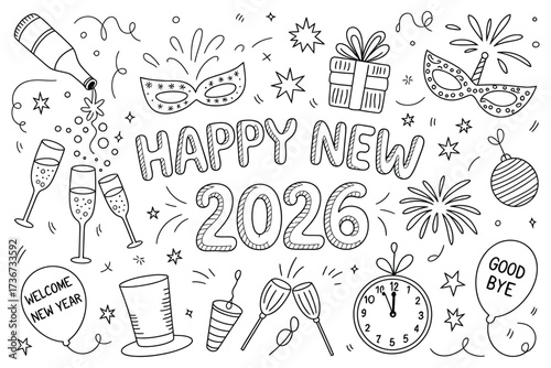 Doodle style happy new year celebration for year 2026.