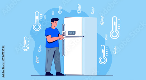Man Adjusting Refrigerator Temperature With Thermometers Floating on Blue Background